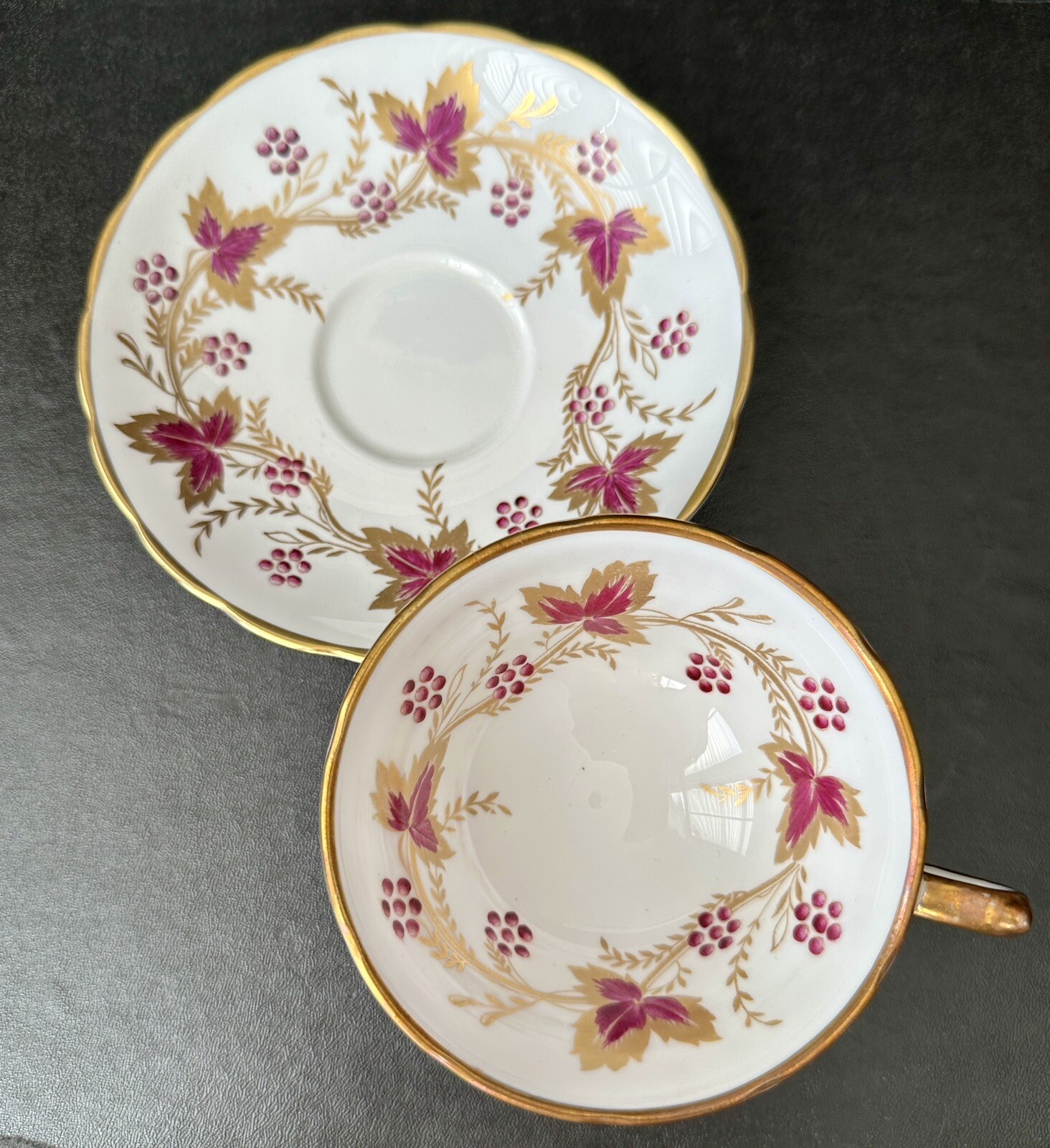 Grosvenor Teacup and Saucer - Gold Burgundy Leaves Berries - Pristine - Image 3