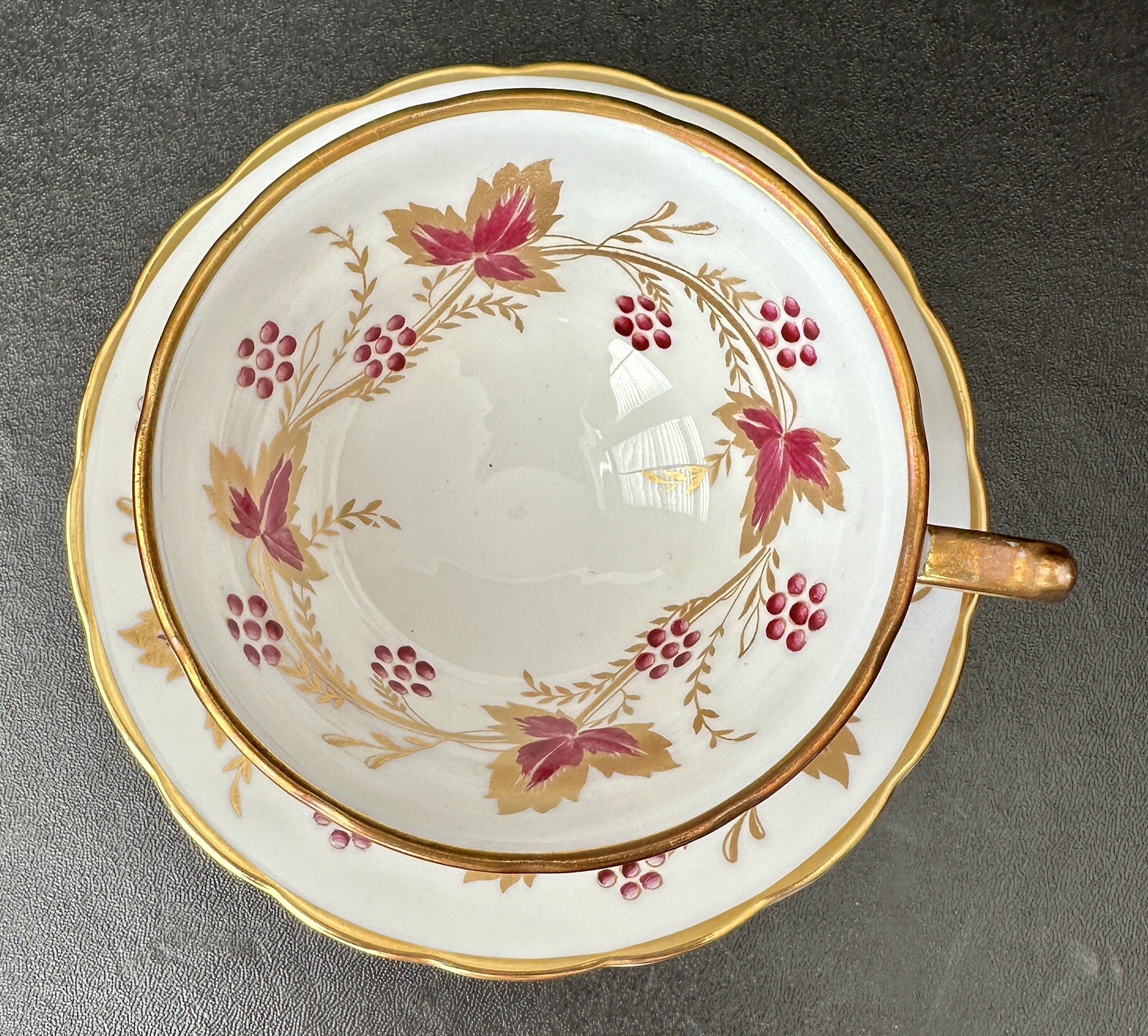 Grosvenor Teacup and Saucer - Gold Burgundy Leaves Berries - Pristine - Image 4