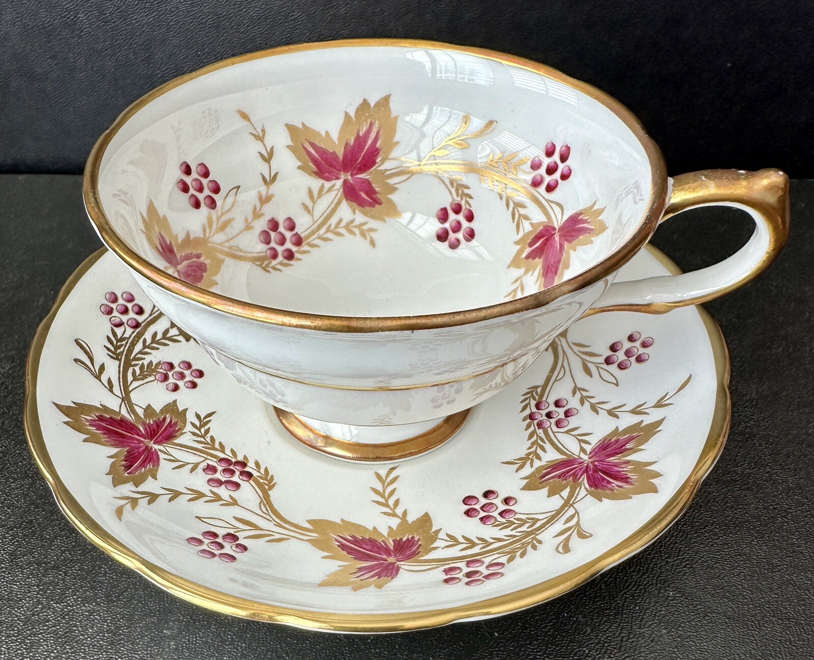 Grosvenor Teacup and Saucer - Gold Burgundy Leaves Berries - Pristine