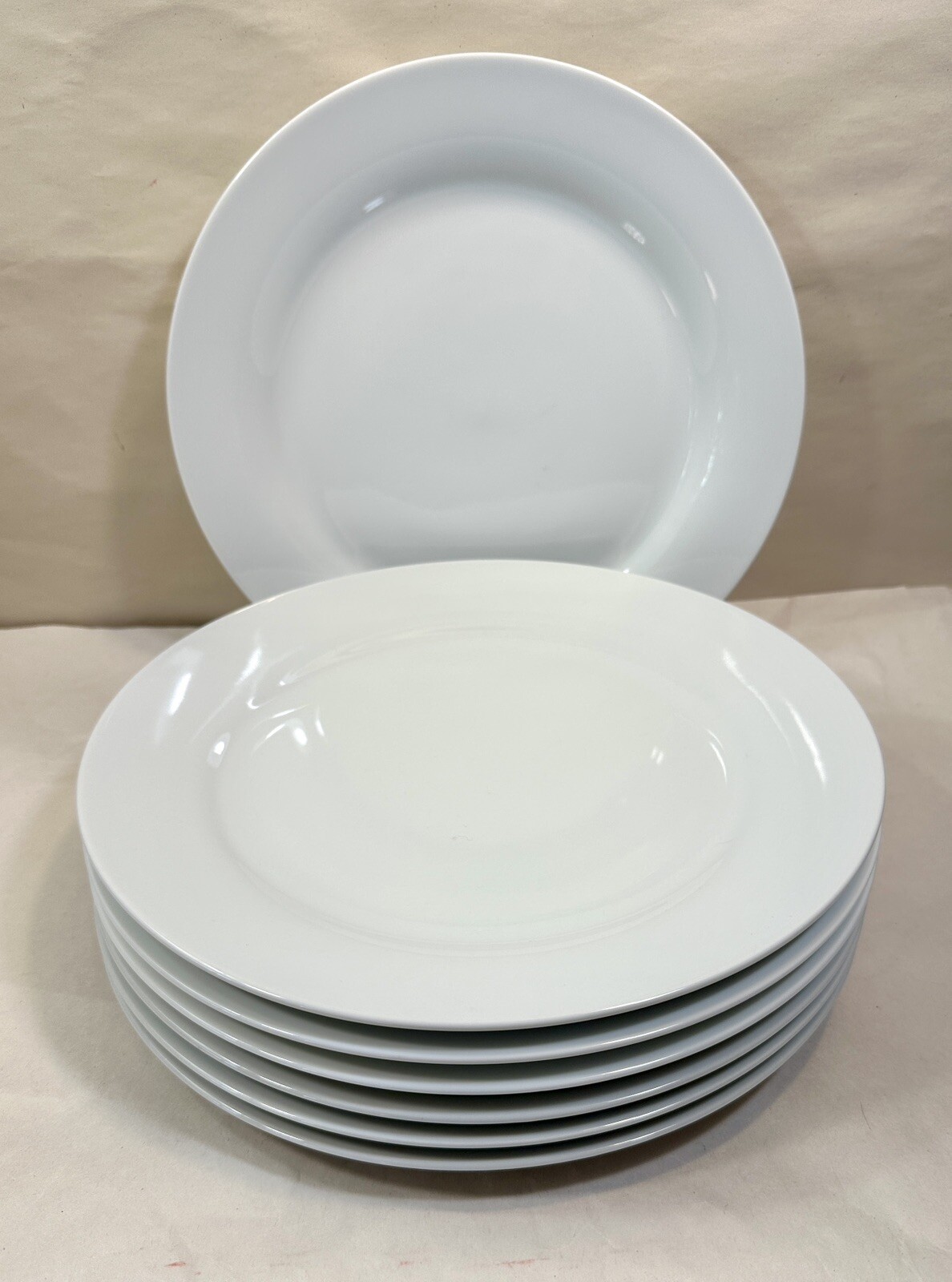 Set of Seven (7) World Market White Porcelain 10-1/2" Dinner Plates - Unboxed