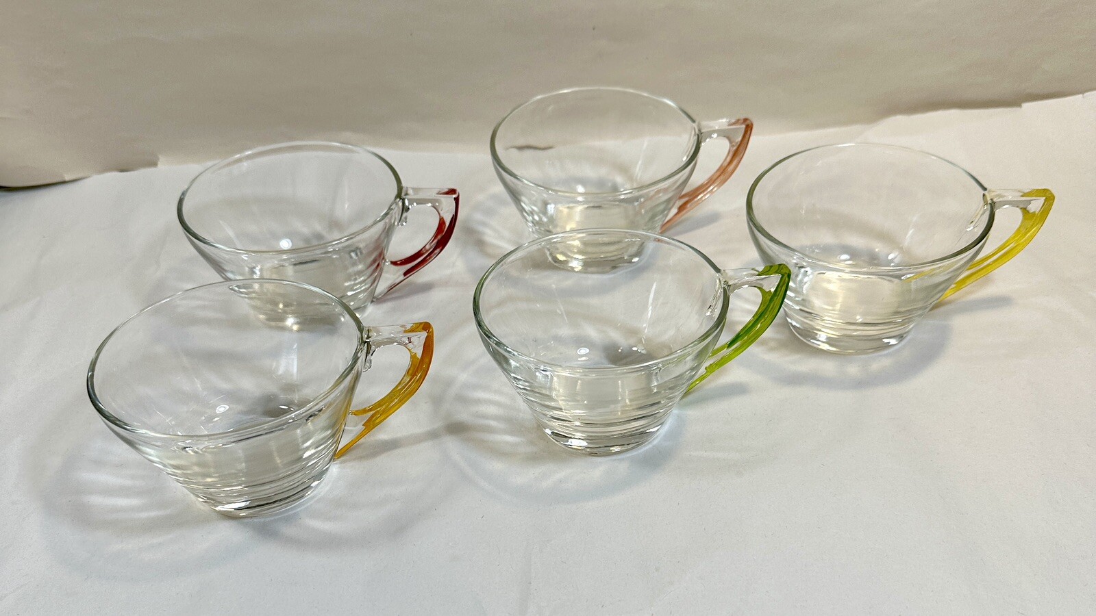Hazel Atlas 5 (Five) Gay Fad Clear Glass Hand Painted Handle Coffee Cups - USA
