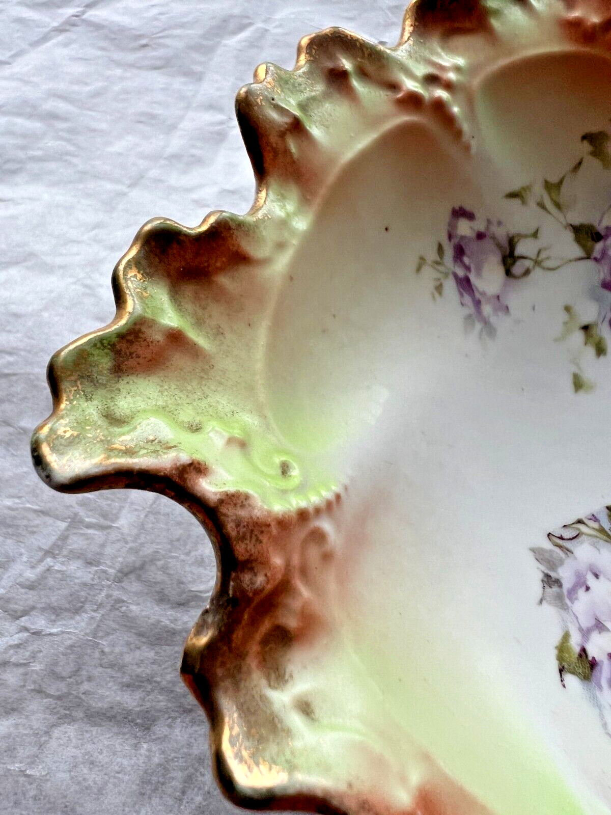 Antique MZ Austria Floral Leaf Nut Candy Condiment Trinket Dish Green Gold  - Image 3