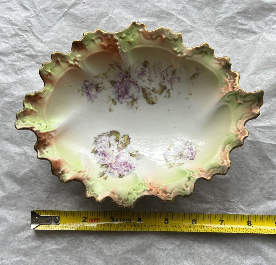 Antique MZ Austria Floral Leaf Nut Candy Condiment Trinket Dish Green Gold  - Image 6