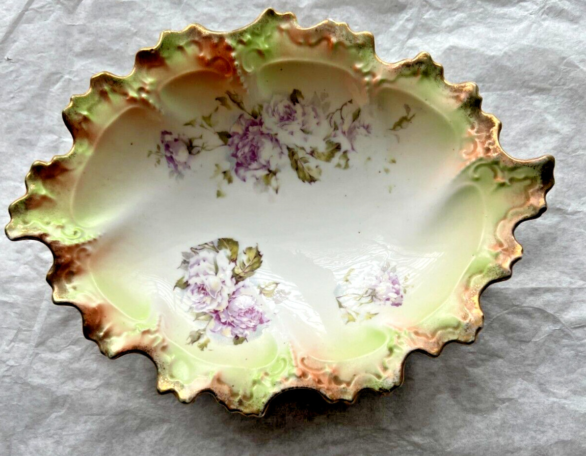 Antique MZ Austria Floral Leaf Nut Candy Condiment Trinket Dish Green Gold  - Image 7