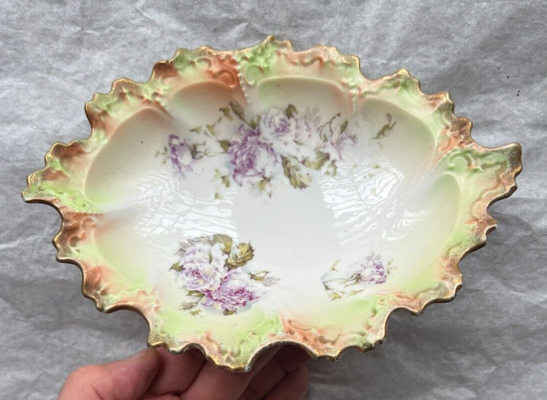 Antique MZ Austria Floral Leaf Nut Candy Condiment Trinket Dish Green Gold 