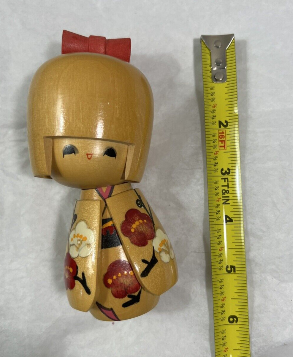 Japanese Kokeshi Blonde Red Bow Wooden Doll Girl Flower Painted 5 1/4” - Image 1