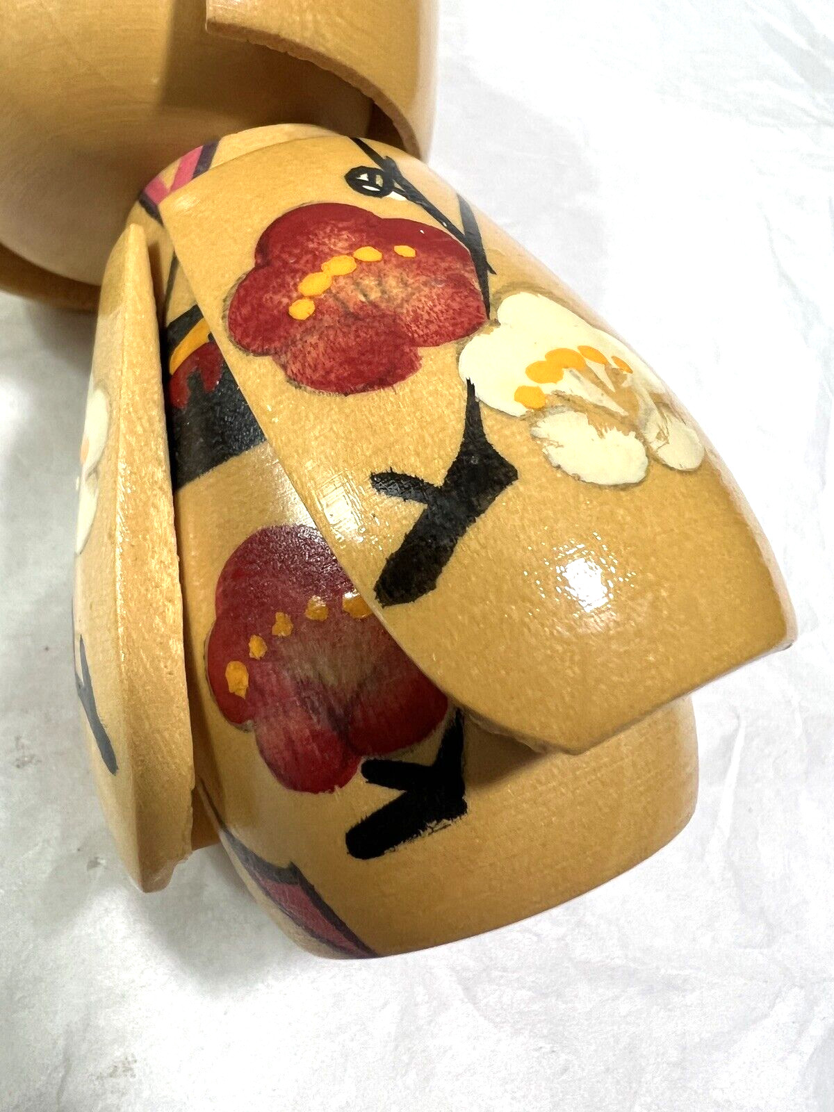 Japanese Kokeshi Blonde Red Bow Wooden Doll Girl Flower Painted 5 1/4” - Image 7