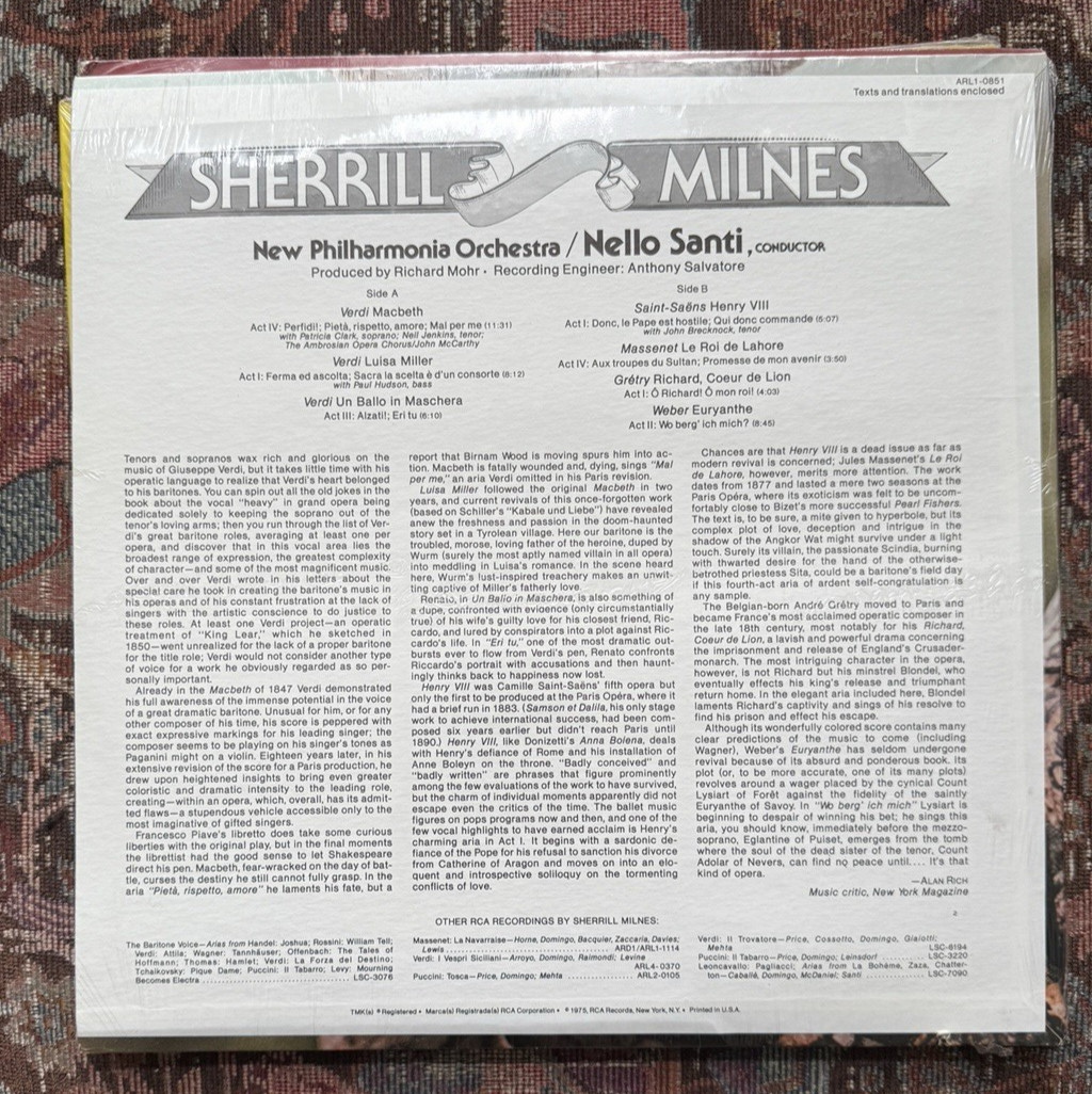 SEALED: Sherrill Milnes - Arias From Luisa Miller - Nello Santi - RCA ARL1-0851 - Image 1