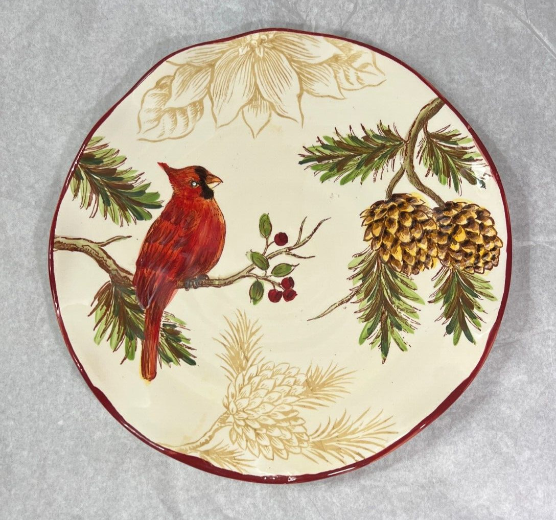 Maxcera Festive Folks Serving Plate 10.5" Red Cardinal Pine Cones