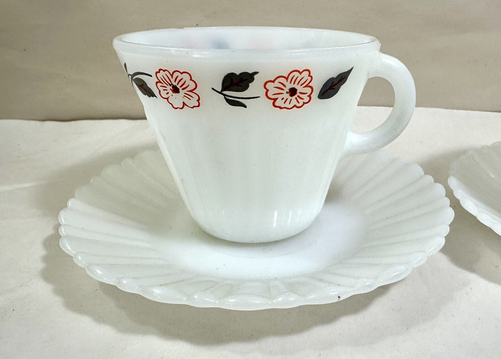 Set of Two (2) Termocrisa Milk Glass Coffee / Tea Cups and Saucers - Image 1