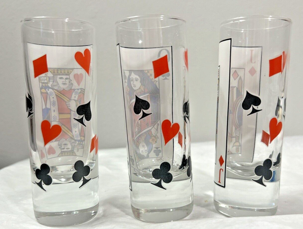Three (3) Vintage Playing Face Card Poker Shot Glasses - Retro Barware - Image 1