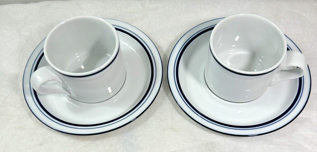 Set of 2 Dansk Bistro Cup and Saucers - Christianshavn Blue Stripe Portugal - Image 1