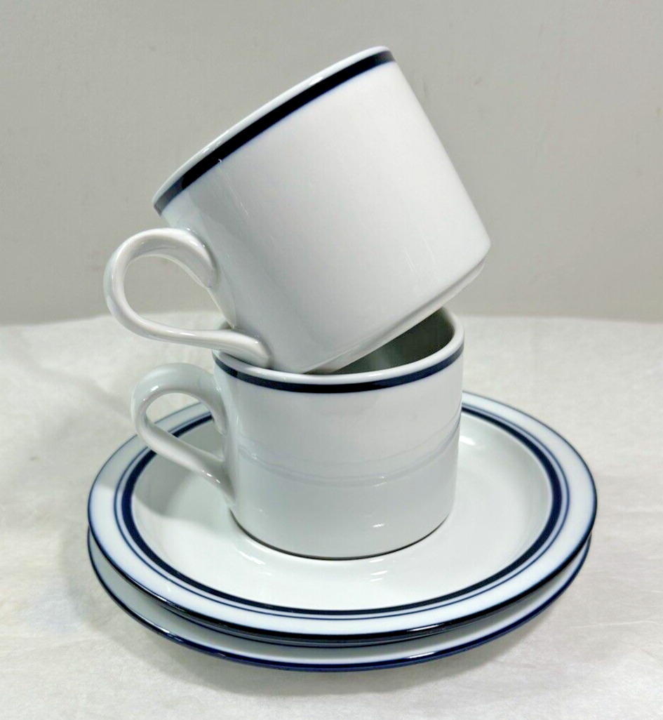 Set of 2 Dansk Bistro Cup and Saucers - Christianshavn Blue Stripe Portugal - Image 2