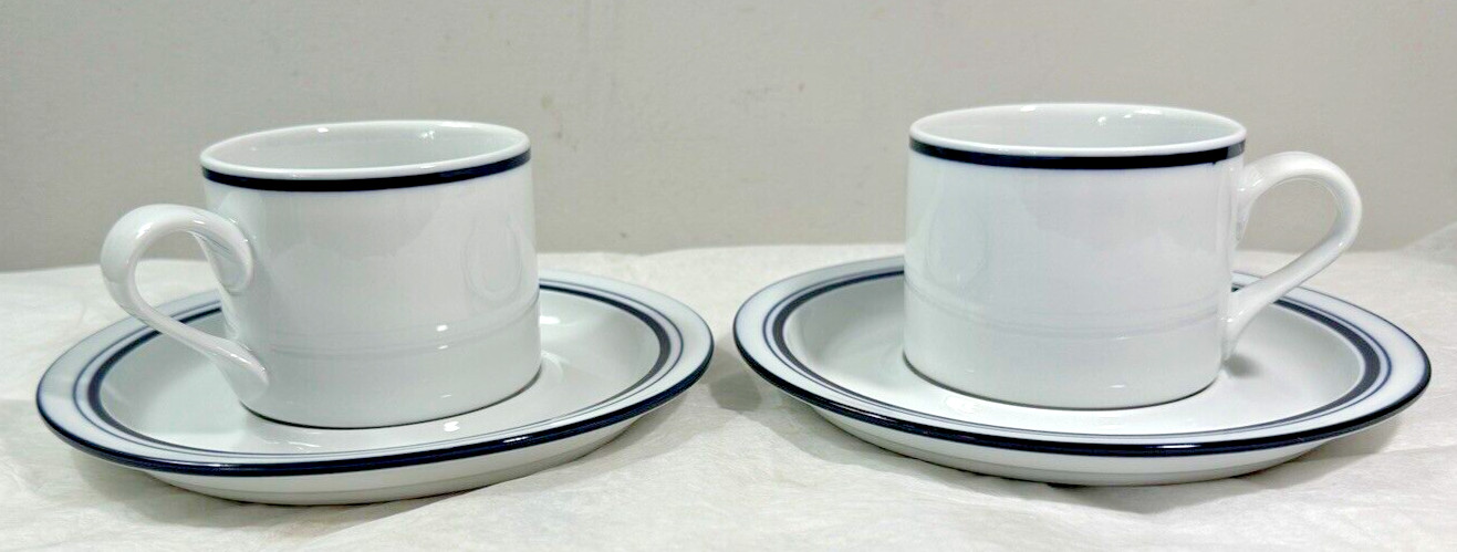 Set of 2 Dansk Bistro Cup and Saucers - Christianshavn Blue Stripe Portugal - Image 9
