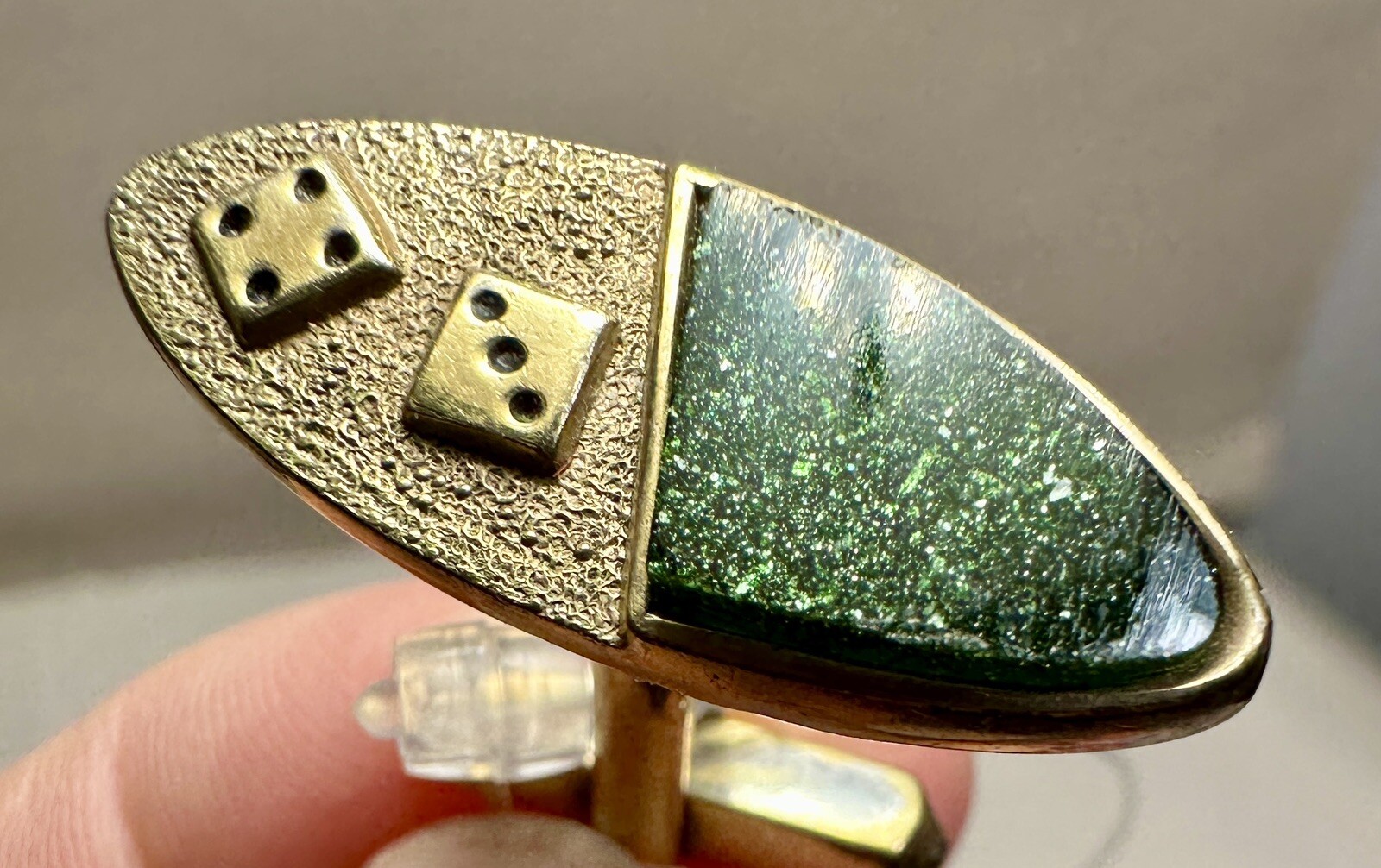 Vintage Men’s Gold Tone / Green Sparkle Dice Cufflinks