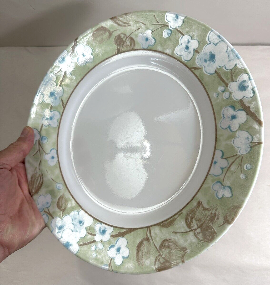 Five (5) Corelle SPRING LINEN Dinner Plates 10 3/4" Brown Blue Wide Rim - Image 1