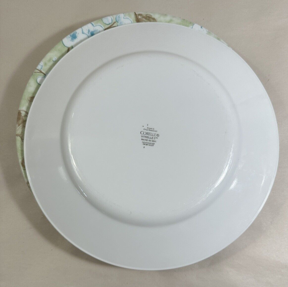 Five (5) Corelle SPRING LINEN Dinner Plates 10 3/4" Brown Blue Wide Rim - Image 4