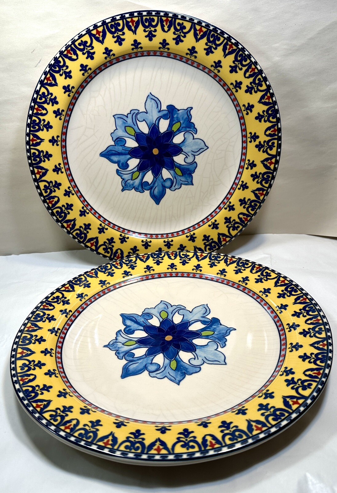 Set of Two (2) Williams-Sonoma Yellow Rim Dinner Plates Sicily, 11" Diameter