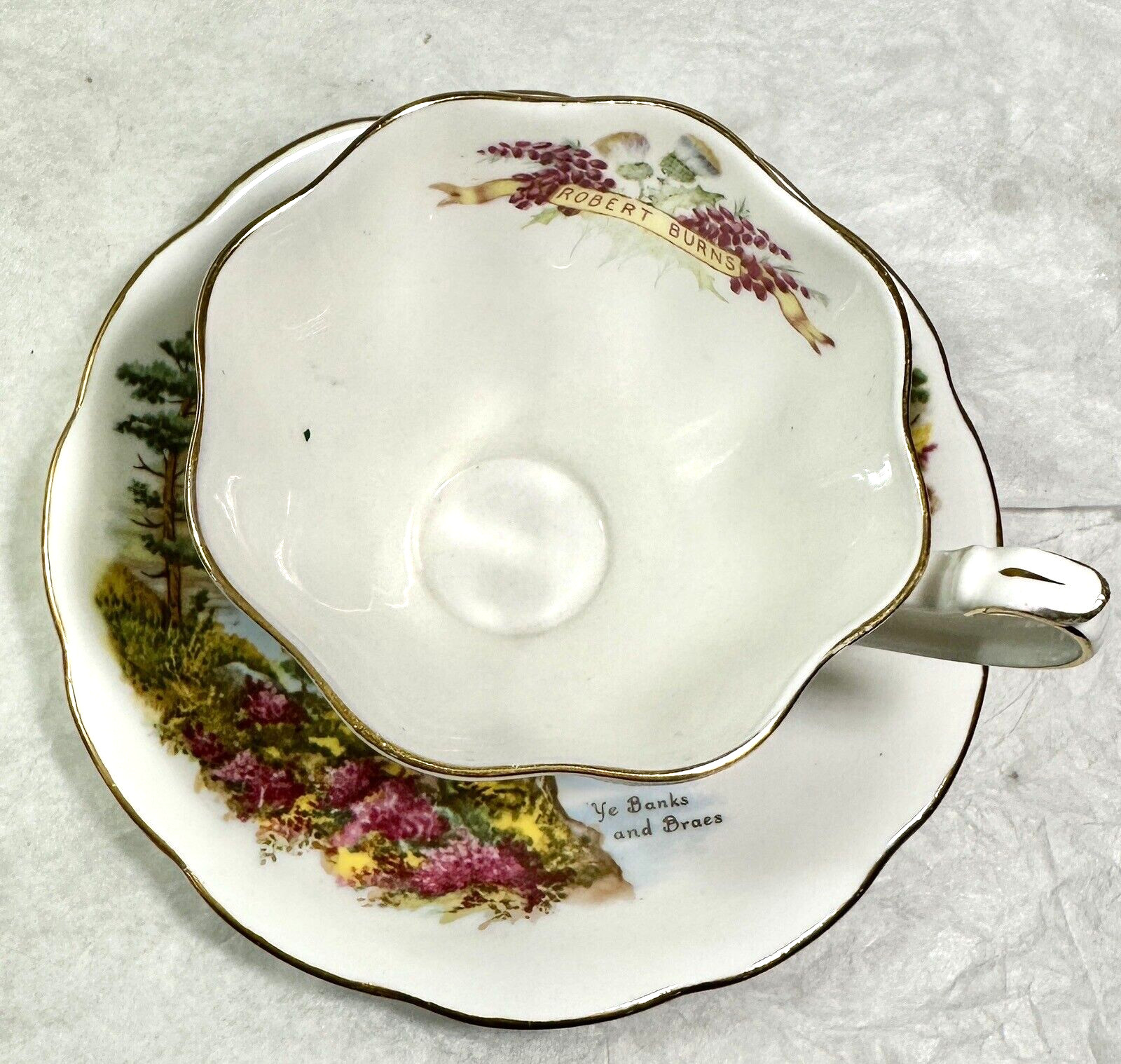 Vtg Famous Poets by Robert Burns Teacup & Saucer Queen Anne Bone China - England - Image 1