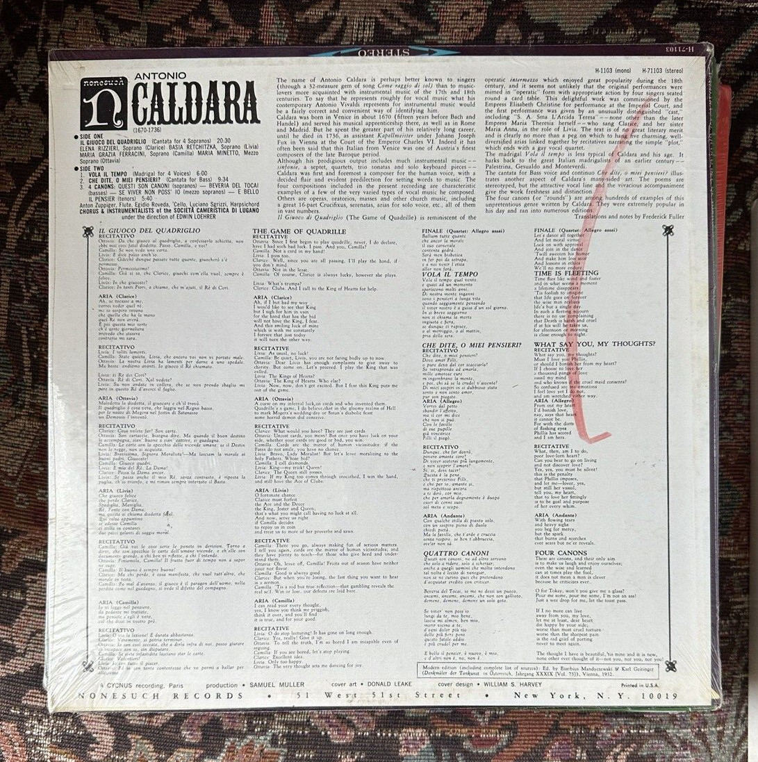 SEALED: Antonio Caldara – Il Giuoco Del Quadriglio - Nonesuch H-1103 - Image 1