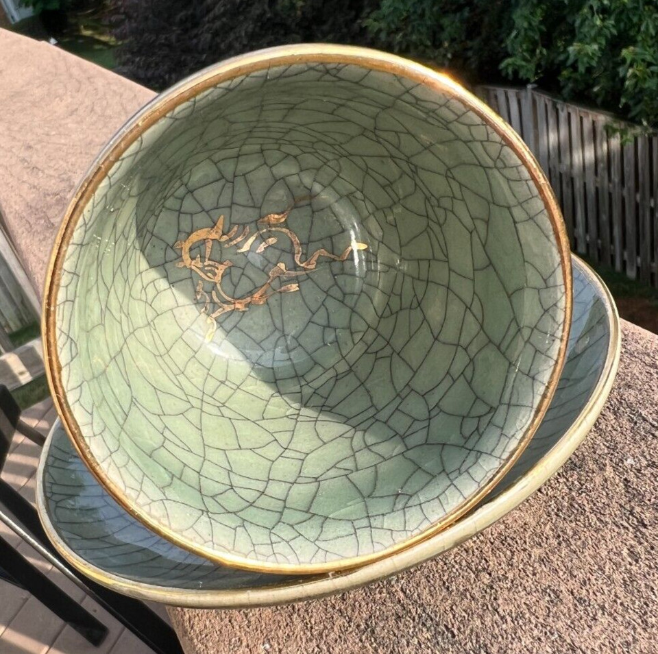 Gold Horse Somayaki Double-Wall Soma Ware Crackle Glaze Cup and Saucer - Image 3