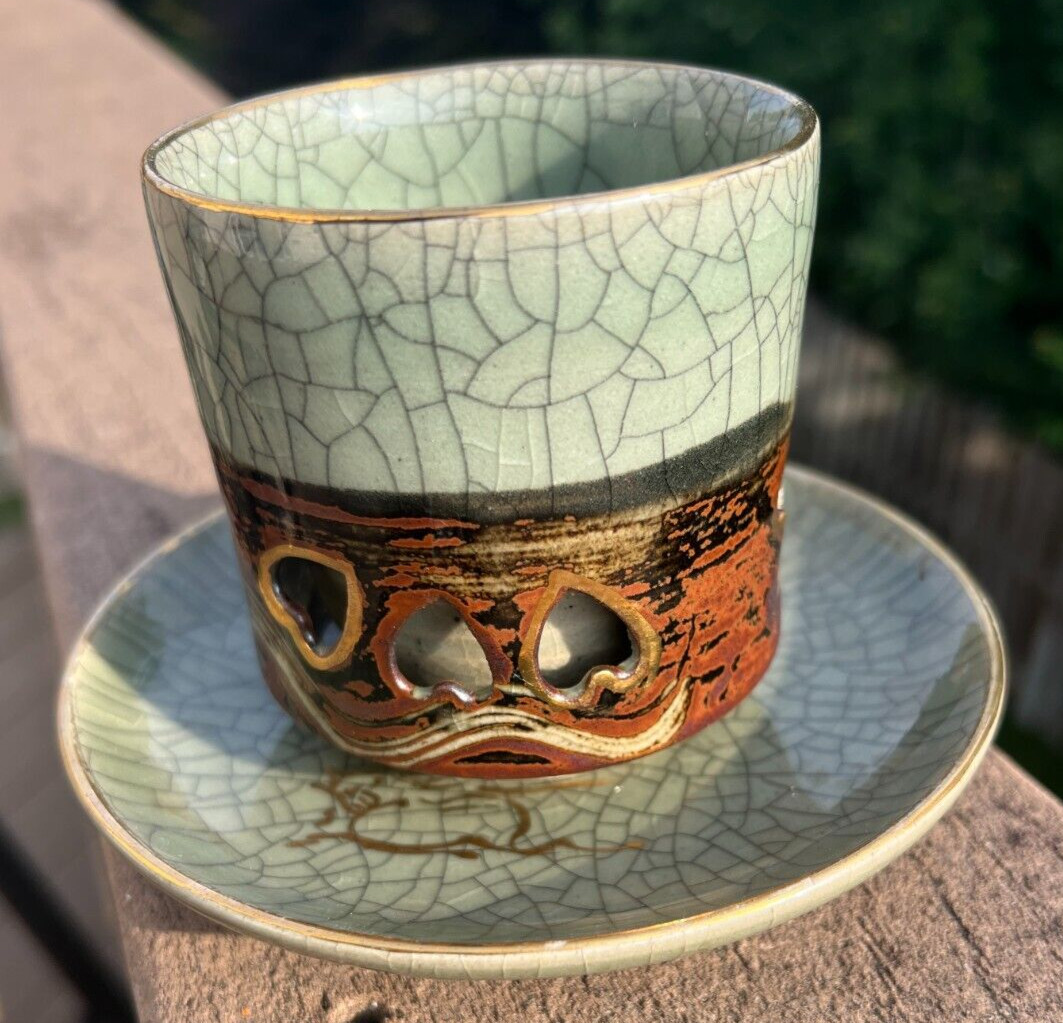 Gold Horse Somayaki Double-Wall Soma Ware Crackle Glaze Cup and Saucer - Image 7