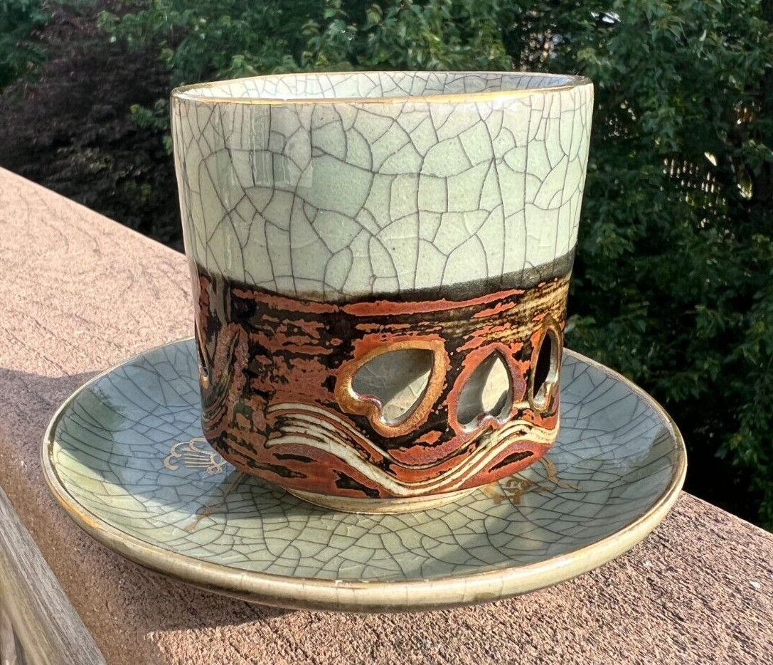 Gold Horse Somayaki Double-Wall Soma Ware Crackle Glaze Cup and Saucer