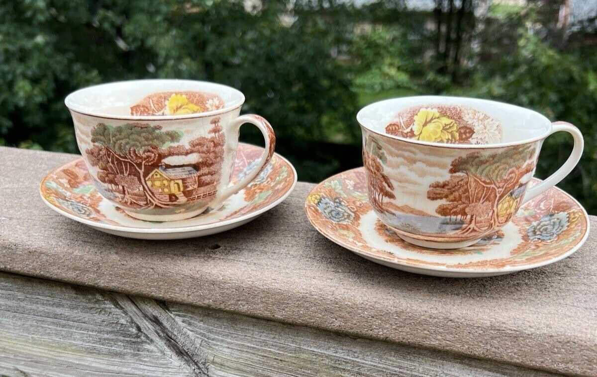 Two Vintage Nasco Mountain Wood-land Woodland Tea Cups / Saucers - Japan