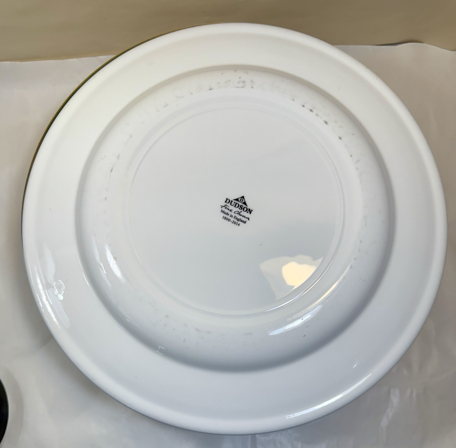 One DUDSON England 12-1/2" FINE CHINA Dinner Plate - EUC - Green Gold Trim - Image 7