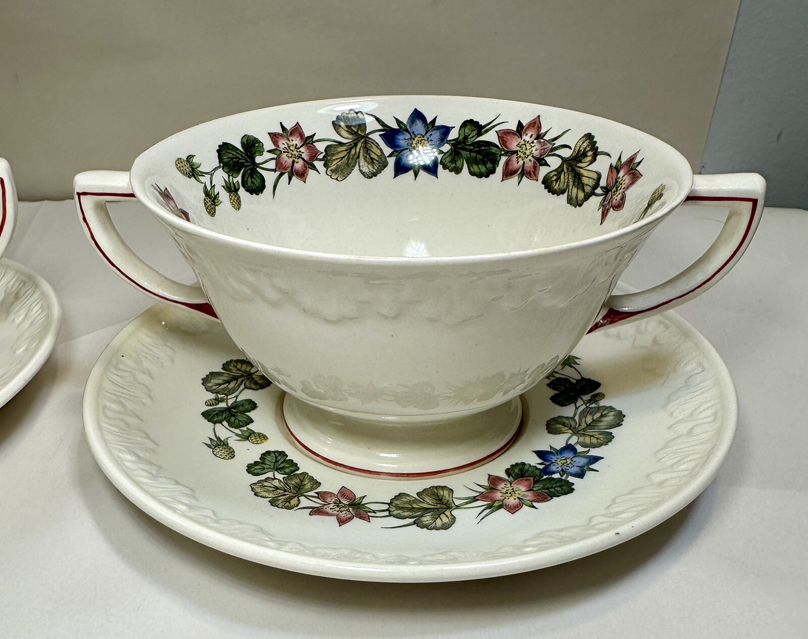 Two (2) Wedgwood Corinthian "Pembroke" Footed Cream Soups Bowls and Saucers - Image 1