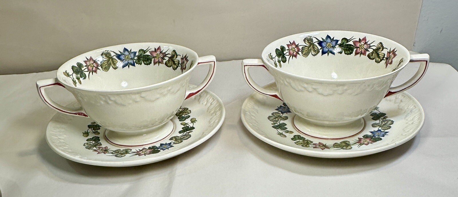 Two (2) Wedgwood Corinthian "Pembroke" Footed Cream Soups Bowls and Saucers