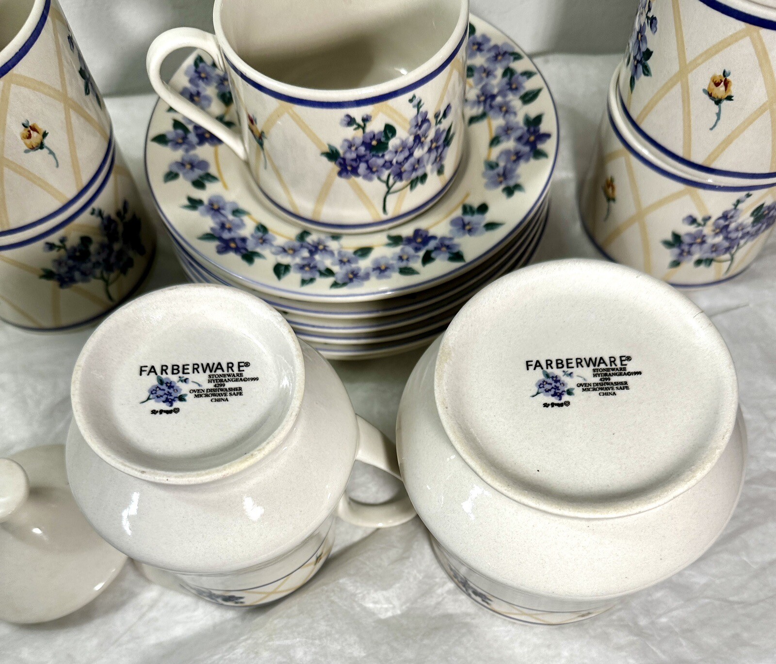 Six (6) Farberware Hydrangea Cups & Saucers Plus Sugar Bowl and Creamer - Image 2