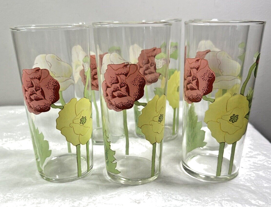 Vintage Federal Glass Floral Poppies Set of 6 Drinking Glasses - Immaculate