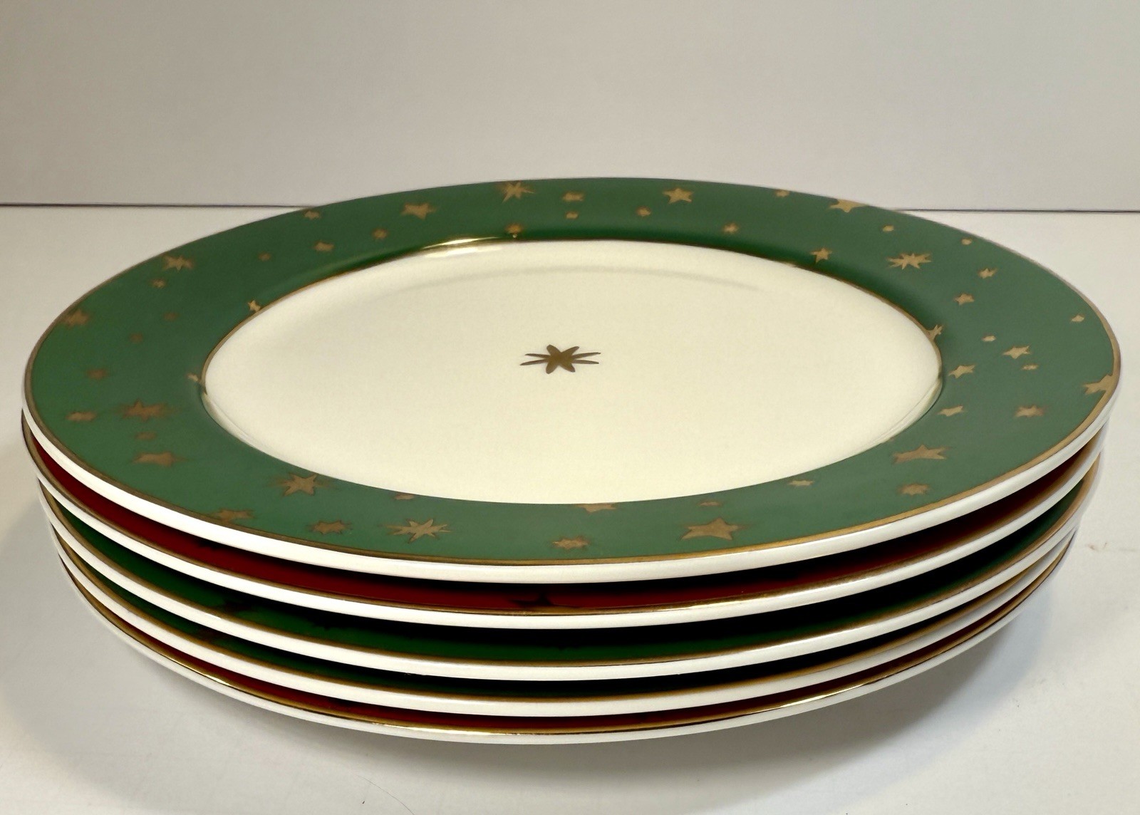 Set of 5 Sakura Galaxy Fine Porcelain Salad Plates Gold Stars on Red / Green Rim - Image 6