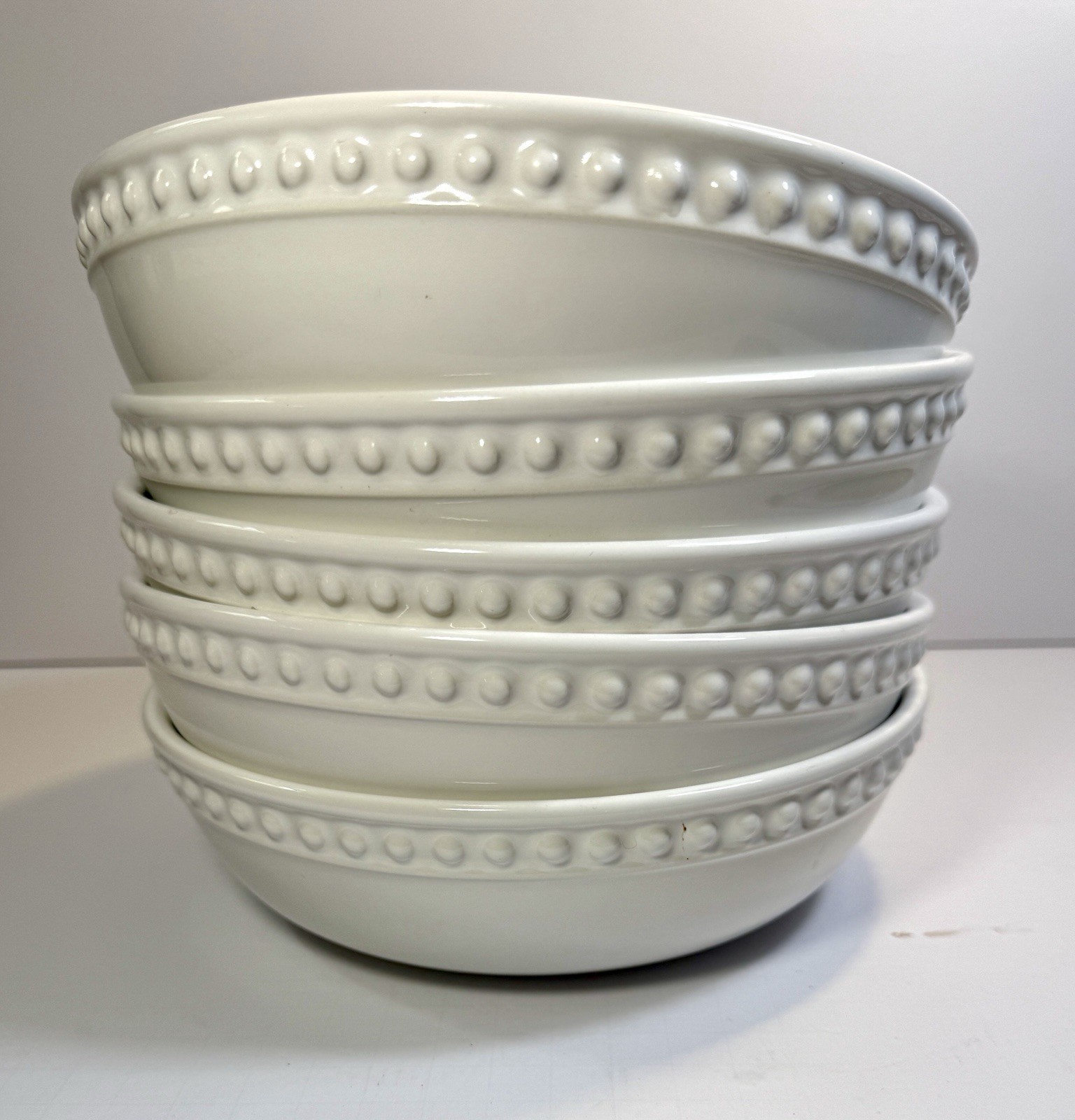 Set of 5 Delmar Fapor White Round Dinner Bowls 8" Embossed Raised Dots - UNUSED