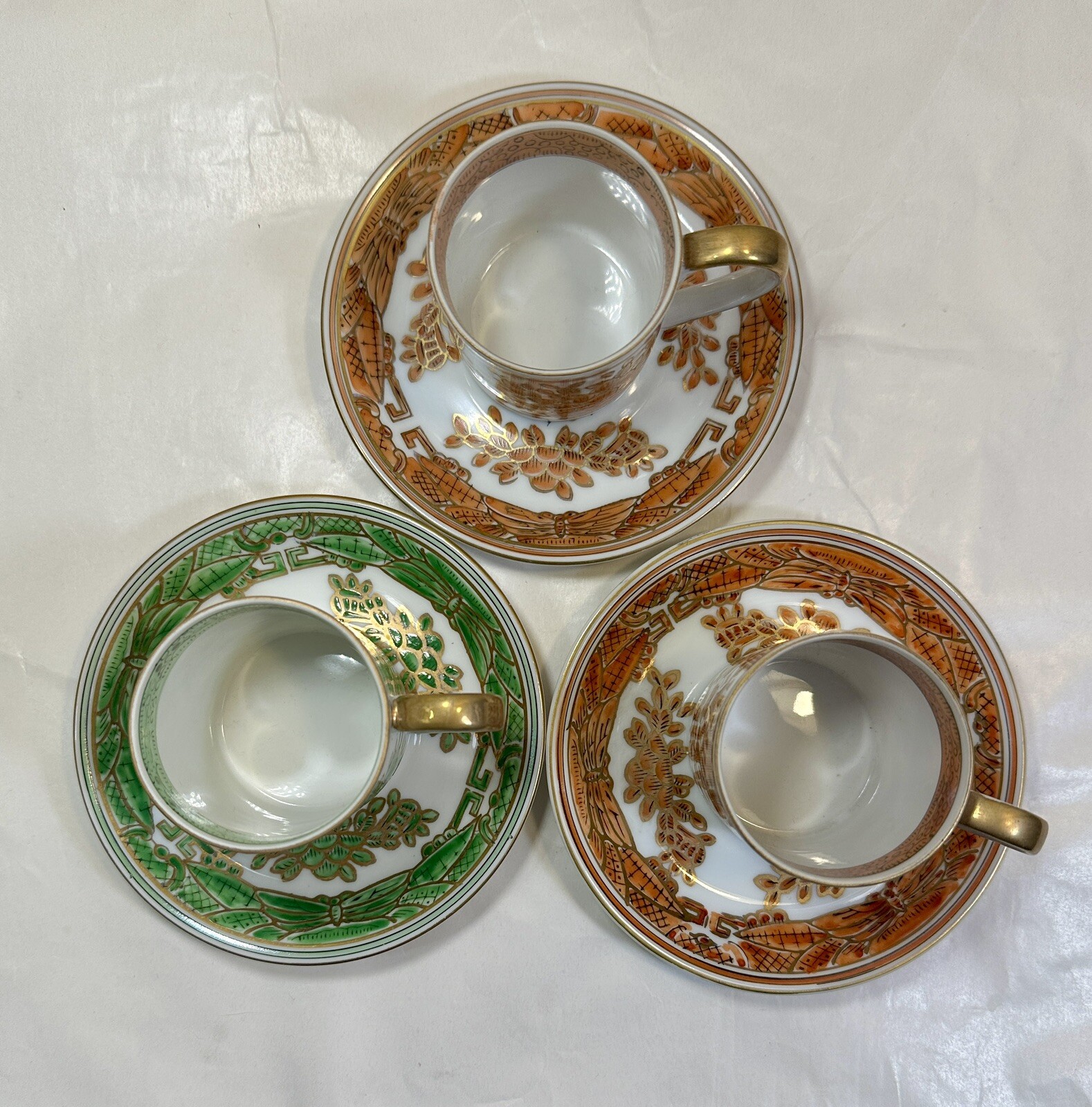 Set Of 3 Sandrea Demitasse Cups / Saucers Harvest Pattern Gold Trim - Japan - Image 4