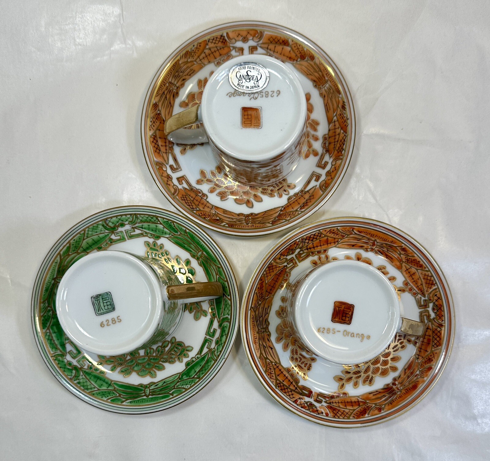 Set Of 3 Sandrea Demitasse Cups / Saucers Harvest Pattern Gold Trim - Japan - Image 5