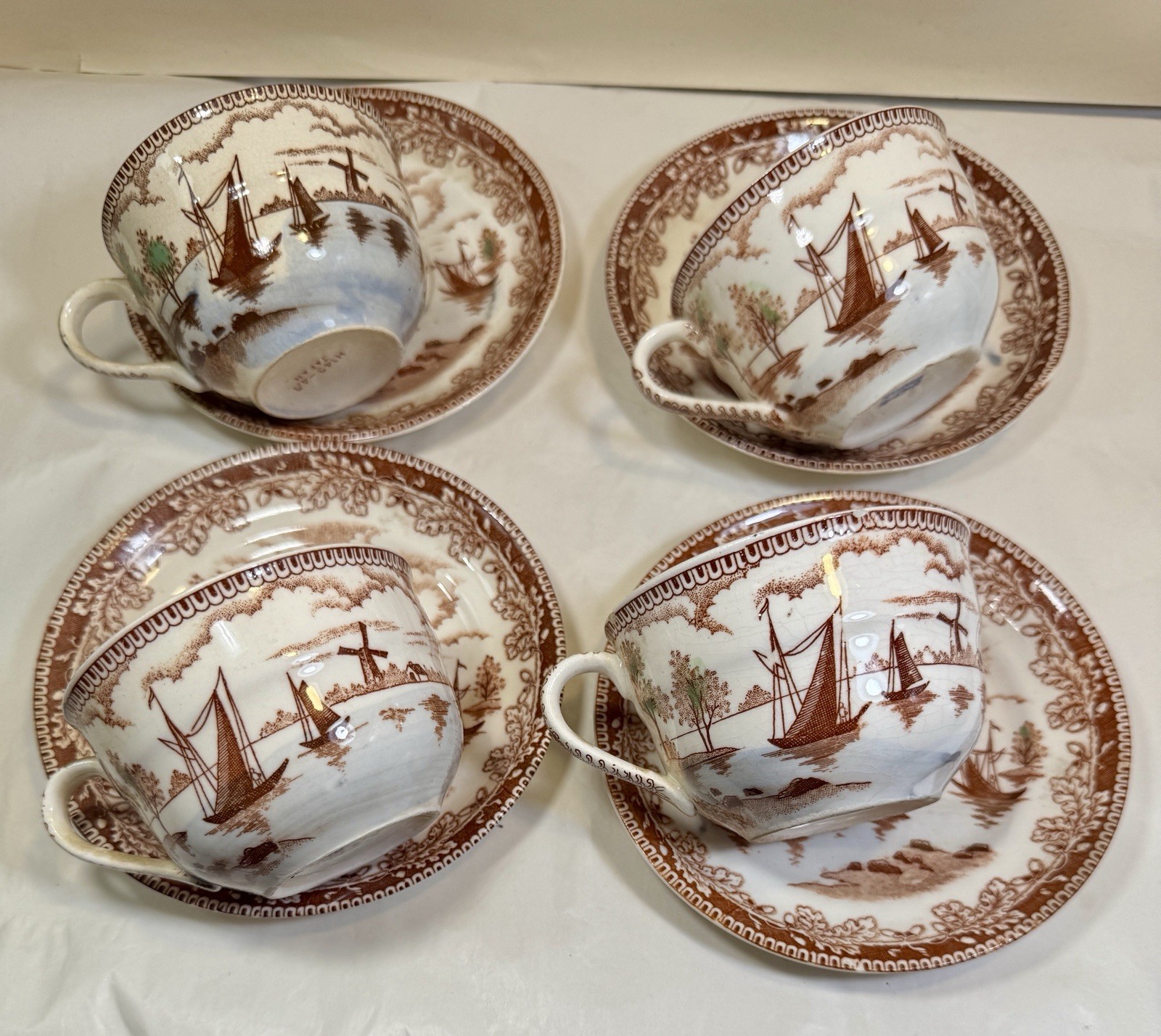 Set of Four Tea Cups & Saucers Holland Windmill / Sailing Boats - Japan - Image 3