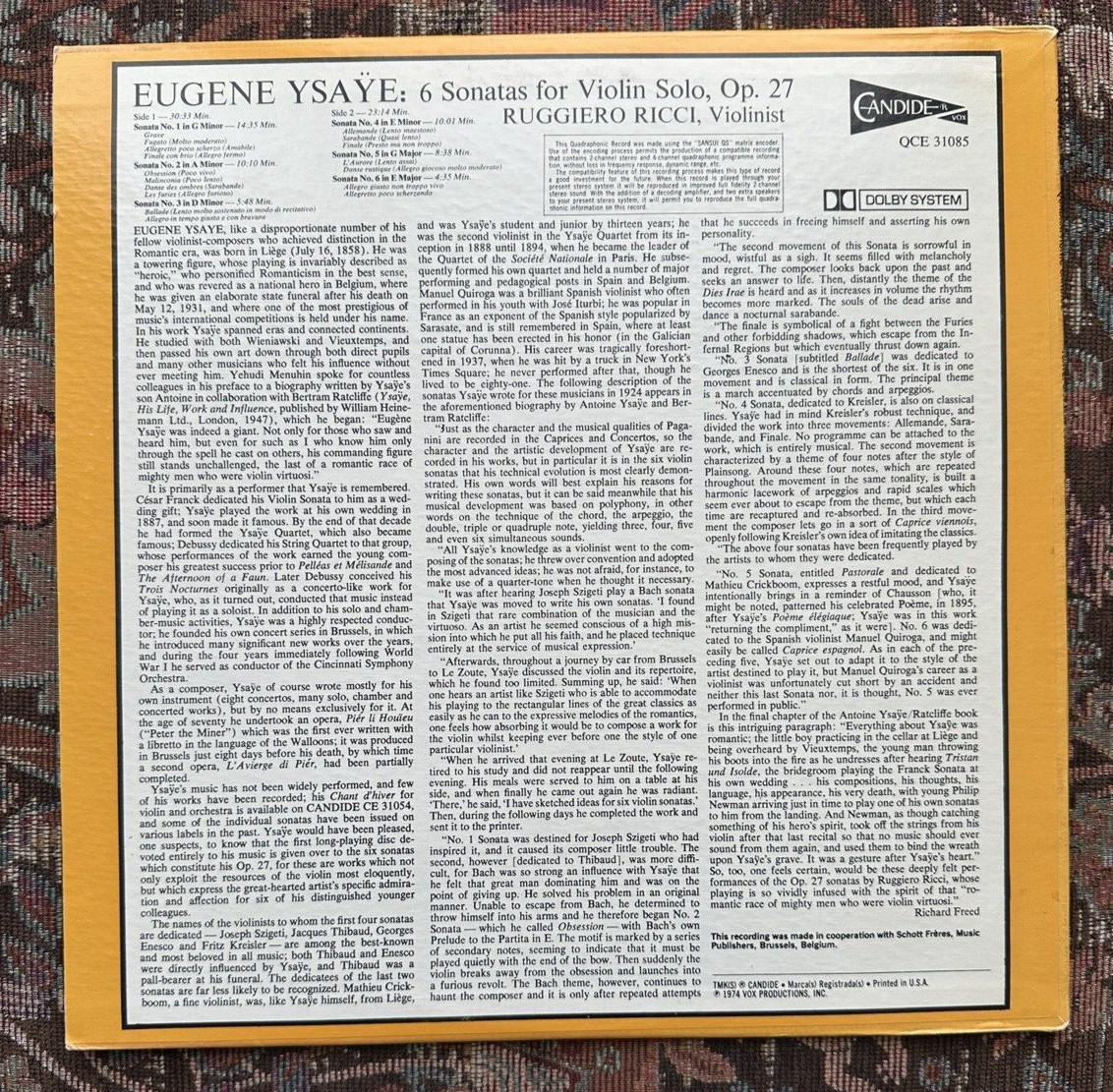 Ruggiero Ricci / Ysaye: 6 Solo Sonatas - Candide Quad - QCE 31085 - Image 5