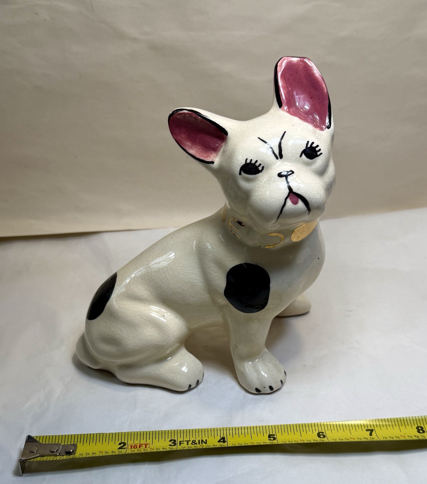 1930's Hand-Painted French Bulldog Figurine With Gold Gilded Collar - Image 1