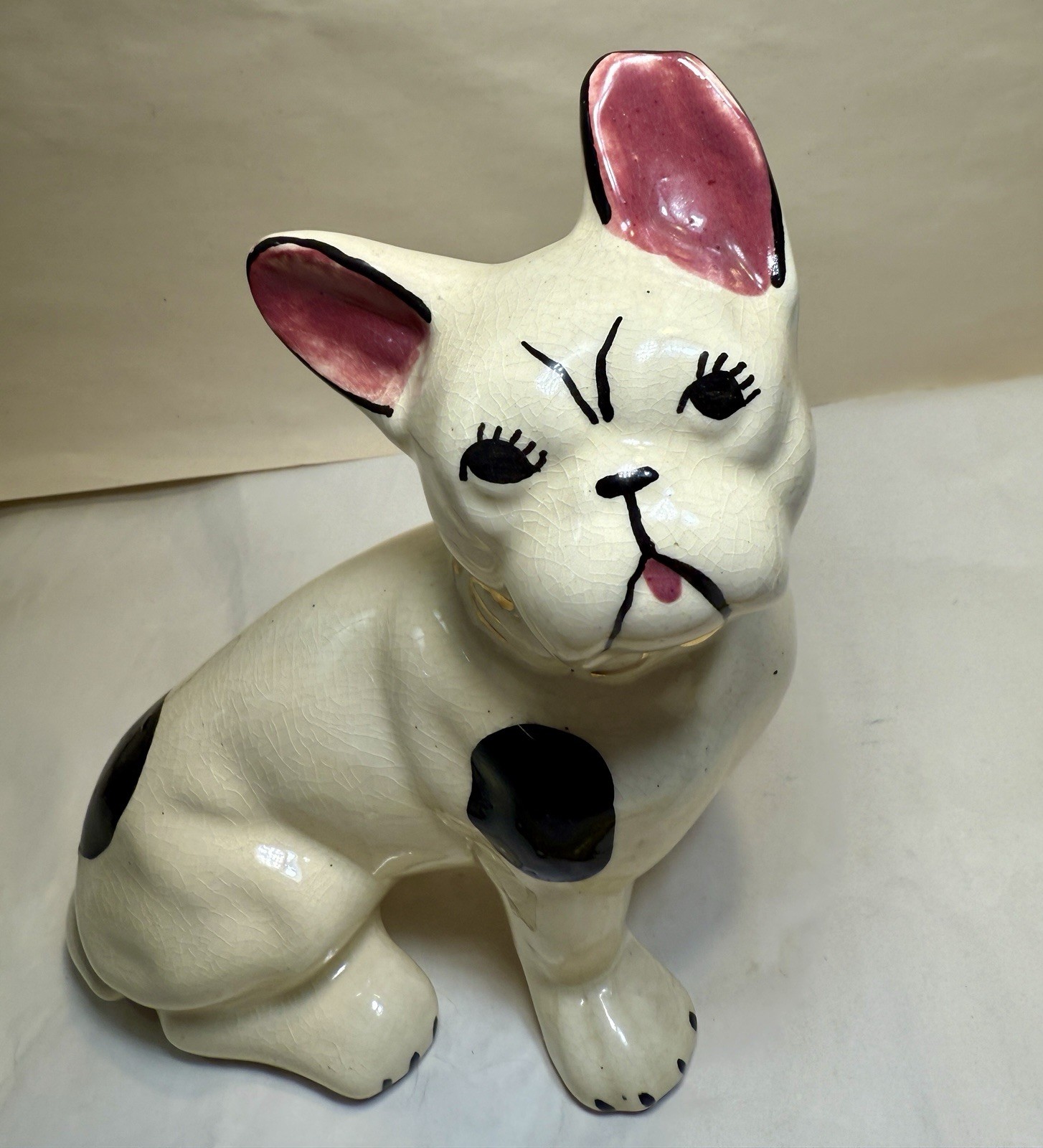 1930's Hand-Painted French Bulldog Figurine With Gold Gilded Collar - Image 11