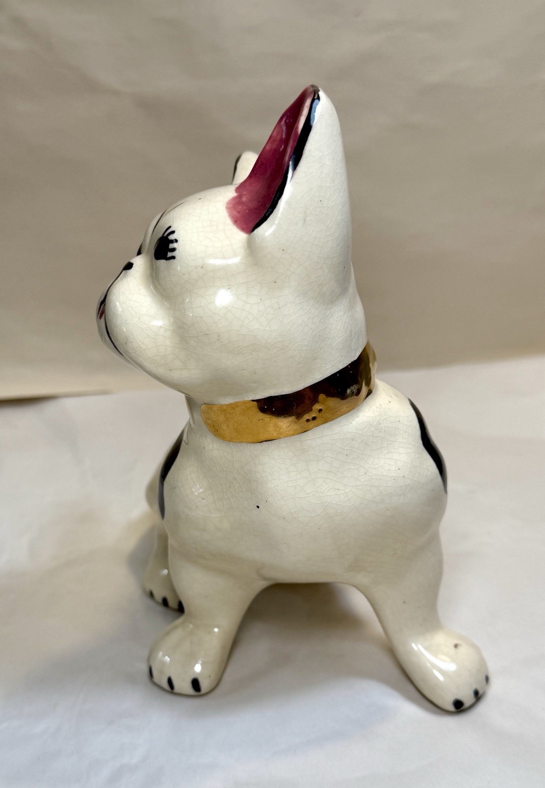 1930's Hand-Painted French Bulldog Figurine With Gold Gilded Collar - Image 4