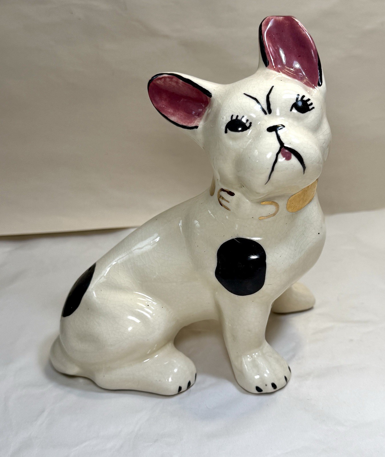 1930's Hand-Painted French Bulldog Figurine With Gold Gilded Collar