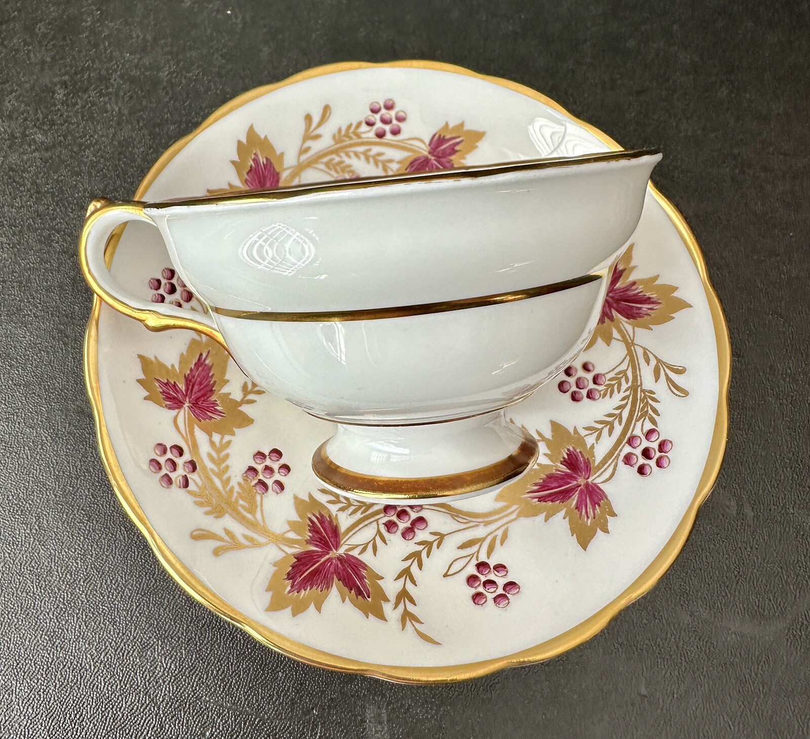 Grosvenor Teacup and Saucer - Gold Burgundy Leaves Berries - Pristine - Image 1