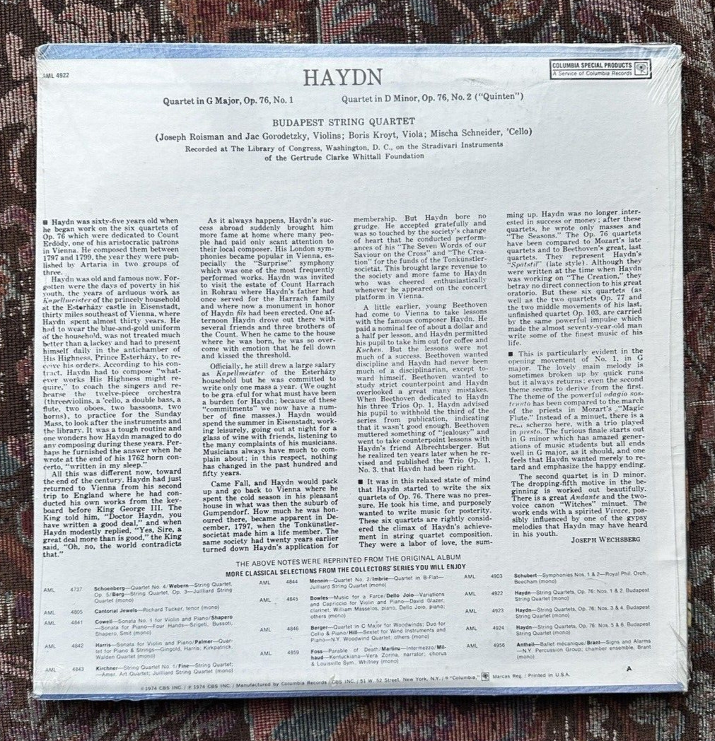 SEALED: Haydn  - Two Quartets - Budapest String Quartet Columbia AML 4922 - Image 1