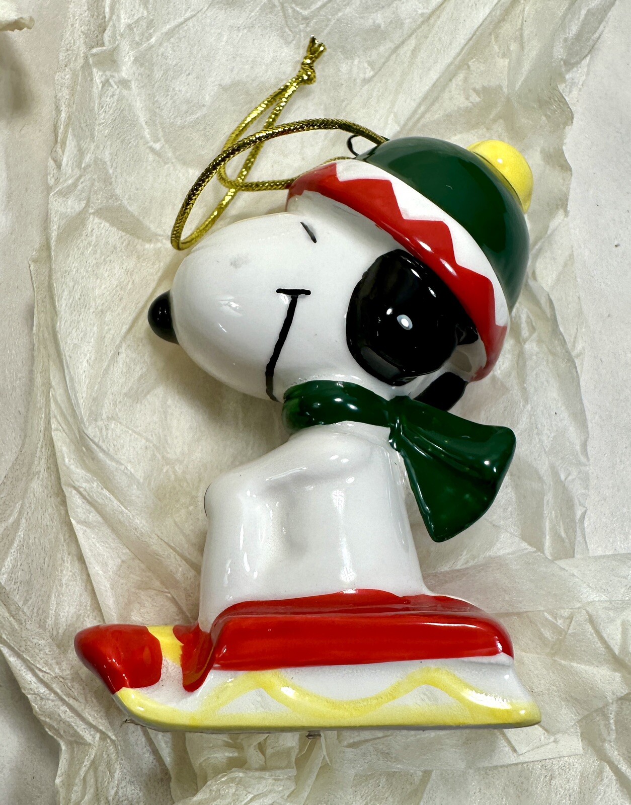 Vintage Korea Ceramic Peanuts Snoopy Christmas Ornament - Sledding - New in Box - Image 2