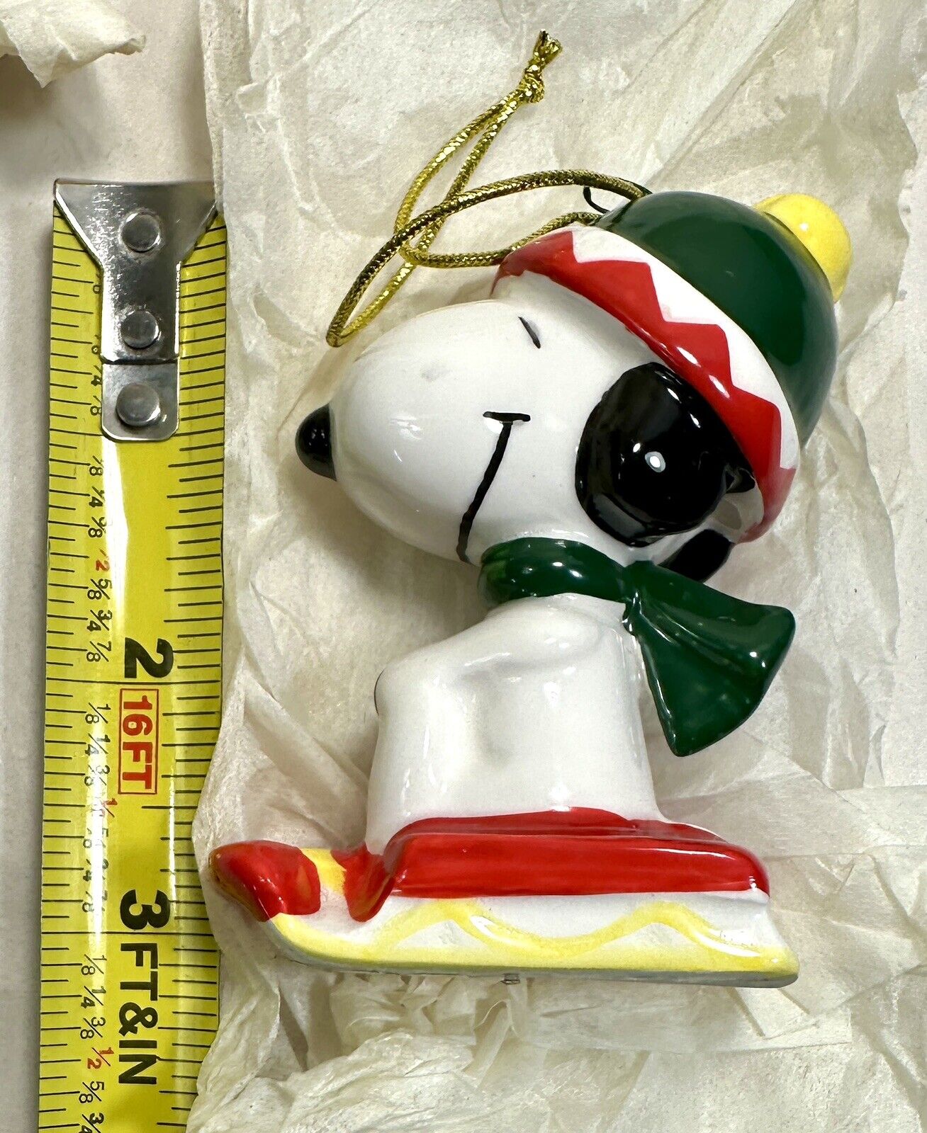 Vintage Korea Ceramic Peanuts Snoopy Christmas Ornament - Sledding - New in Box - Image 4