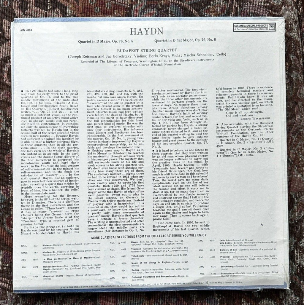 SEALED: Haydn  - Two Quartets - Budapest String Quartet Columbia AML 4923 - Image 1