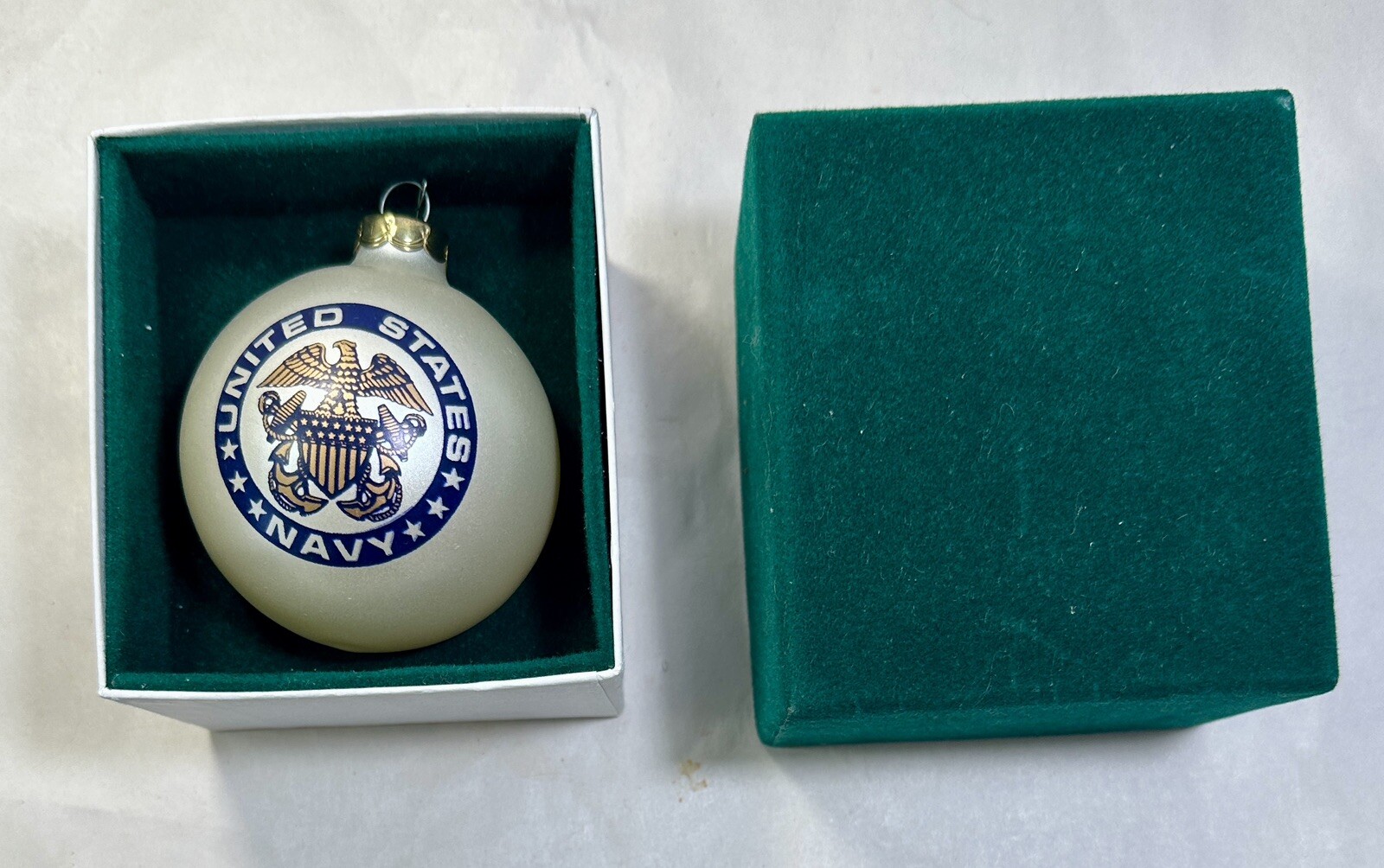 US Navy Christmas Ornament Large Hand Painted Globe - Green Velvet Covered Box - Image 1