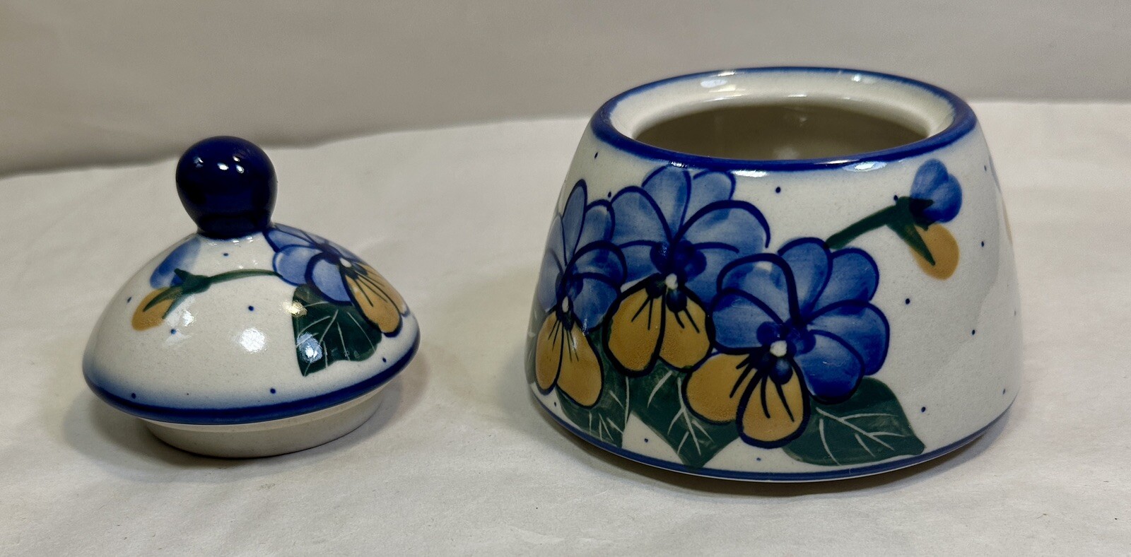 Boleslawiec Sugar Bowl - Pottery Blue Butterflies & Flowers - Signed by Artist - Image 3
